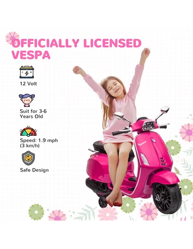 AIYAPLAY 12V Vespa Licensed Kids Electric Motorbike w/ Music, Headlights, FM Radio, for 3-6 Years - Pink