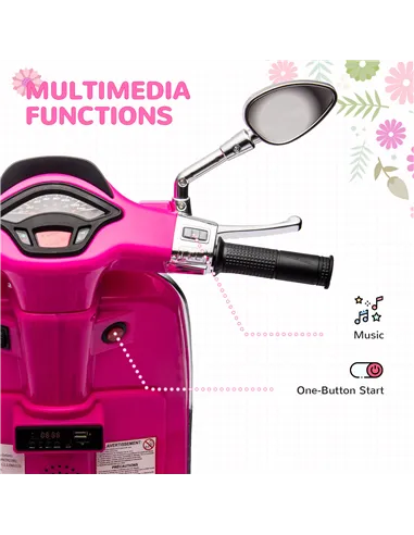 AIYAPLAY 12V Vespa Licensed Kids Electric Motorbike w/ Music, Headlights, FM Radio, for 3-6 Years - Pink