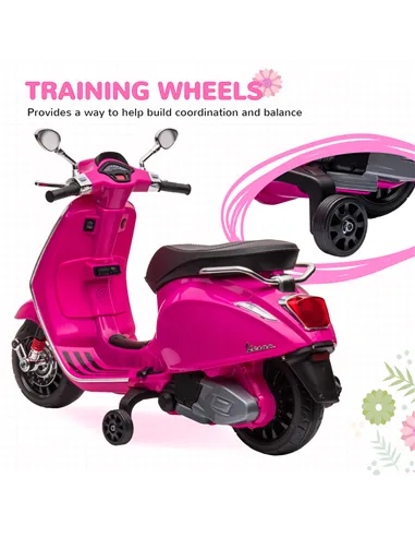 AIYAPLAY 12V Vespa Licensed Kids Electric Motorbike w/ Music, Headlights, FM Radio, for 3-6 Years - Pink