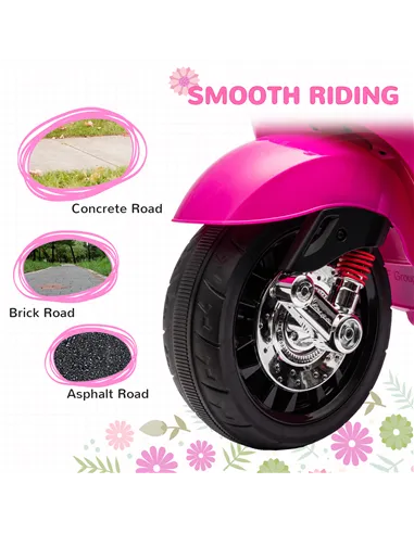 AIYAPLAY 12V Vespa Licensed Kids Electric Motorbike w/ Music, Headlights, FM Radio, for 3-6 Years - Pink