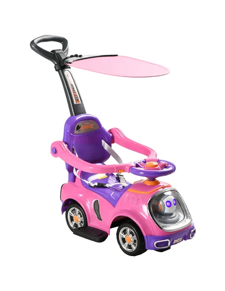 AIYAPLAY 3 in 1 Ride on Push Car, Cartoon Robot Theme Foot to Floor Slider w/ Handle Light Music Horn, Storage - Pink