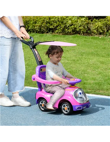 AIYAPLAY 3 in 1 Ride on Push Car, Cartoon Robot Theme Foot to Floor Slider w/ Handle Light Music Horn, Storage - Pink