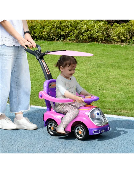 AIYAPLAY 3 in 1 Ride on Push Car, Cartoon Robot Theme Foot to Floor Slider w/ Handle Light Music Horn, Storage - Pink
