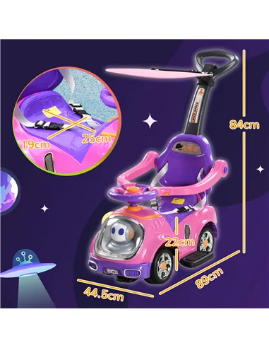 AIYAPLAY 3 in 1 Ride on Push Car, Cartoon Robot Theme Foot to Floor Slider w/ Handle Light Music Horn, Storage - Pink