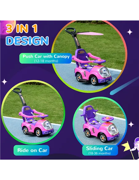 AIYAPLAY 3 in 1 Ride on Push Car, Cartoon Robot Theme Foot to Floor Slider w/ Handle Light Music Horn, Storage - Pink