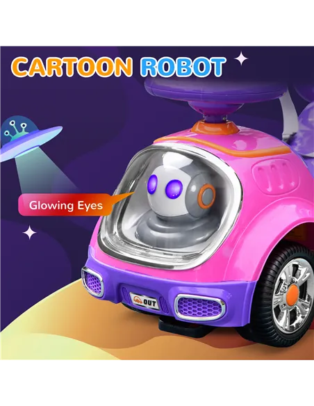 AIYAPLAY 3 in 1 Ride on Push Car, Cartoon Robot Theme Foot to Floor Slider w/ Handle Light Music Horn, Storage - Pink
