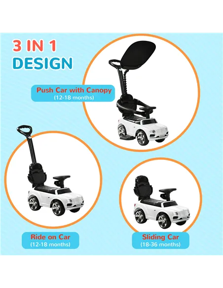 AIYAPLAY Bentley Bentayga Licensed 3-in-1 Baby Push Car,  Ride on Car Sliding Car with Canopy, Horn Music - White