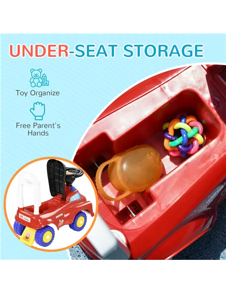 AIYAPLAY Ride On Fire Truck Foot to Floor Design with Under Seat Storage, Steering Wheel, Music, Light, for 1.5-3 Years, Red