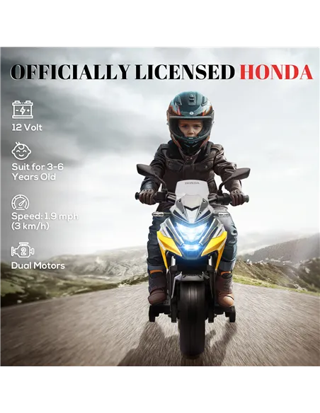 AIYAPLAY 12V Honda Licensed Kids Electric Motorbike w/ Music, Headlights, Early Education Function, for Ages 3-6 Years, Yellow