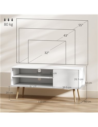 HOMCOM TV Stand up to 55 Inches, TV Unit with Open Shelves and Cable Holes - White