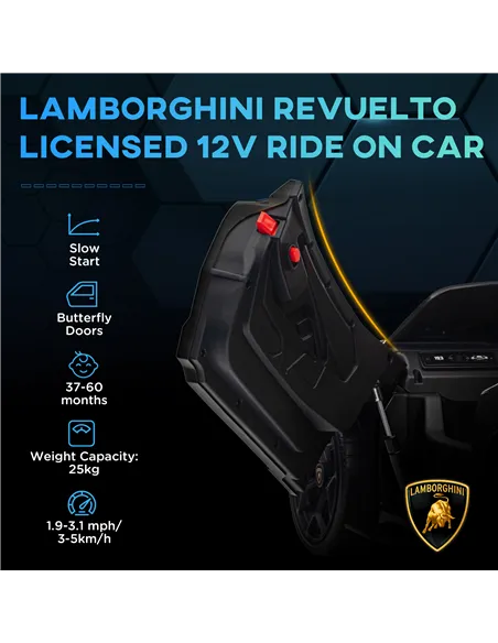 AIYAPLAY Lamborghini Revuelto Licensed 12V Ride on Car w/ Butterfly Doors, Transport Wheels, Suspension, Remote Control, Black