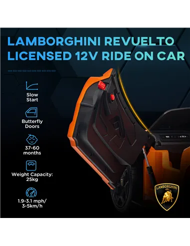 AIYAPLAY Lamborghini Revuelto Licensed 12V Ride on Car w/ Butterfly Doors, Transport Wheels, Suspension, Remote Control, Orange