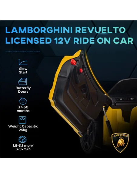 AIYAPLAY Lamborghini Revuelto Licensed 12V Ride on Car w/ Butterfly Doors, Transport Wheels, Suspension, Remote Control, Yellow