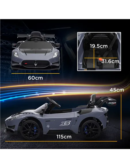 AIYAPLAY Maserati GT2 Licensed 12V Kids Electric Ride on Car with 4 Suspension Wheels, Remote Control, Music, Horn, Lights, Grey