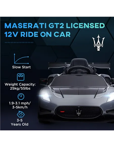 AIYAPLAY Maserati GT2 Licensed 12V Kids Electric Ride on Car with 4 Suspension Wheels, Remote Control, Music, Horn, Lights, Grey