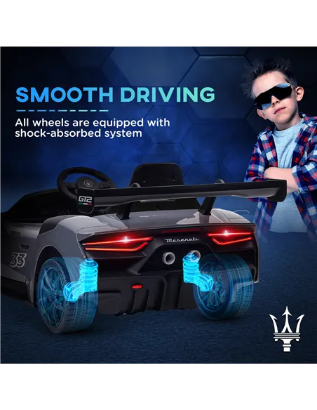 AIYAPLAY Maserati GT2 Licensed 12V Kids Electric Ride on Car with 4 Suspension Wheels, Remote Control, Music, Horn, Lights, Grey