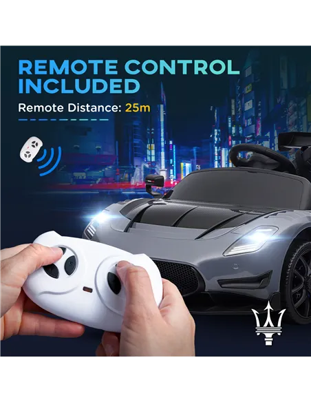 AIYAPLAY Maserati GT2 Licensed 12V Kids Electric Ride on Car with 4 Suspension Wheels, Remote Control, Music, Horn, Lights, Grey