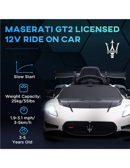 AIYAPLAY Maserati GT2 Licensed 12V Kids Electric Ride on Car with 4 Suspension Wheels, Remote Control, Music, Horn, Lights, Whit