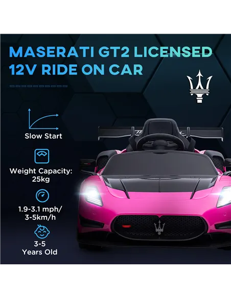 AIYAPLAY Maserati GT2 Licensed 12V Kids Electric Ride on Car with 4 Suspension Wheels, Remote Control, Music, Horn, Lights, Pink