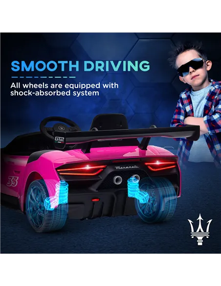 AIYAPLAY Maserati GT2 Licensed 12V Kids Electric Ride on Car with 4 Suspension Wheels, Remote Control, Music, Horn, Lights, Pink