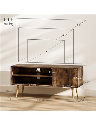 HOMCOM TV Stand up to 55 Inches, TV Unit with Open Shelves and Cable Holes - Brown