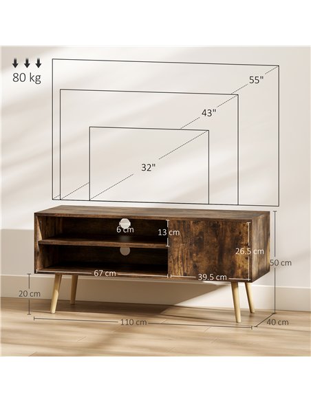 HOMCOM TV Stand up to 55 Inches, TV Unit with Open Shelves and Cable Holes - Brown