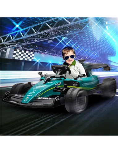 AIYAPLAY Aston Martin Licensed 12V Kids Ride on Racing Kart w/ Bluetooth, 4 Suspension Wheels, Music Lights Horn, Green