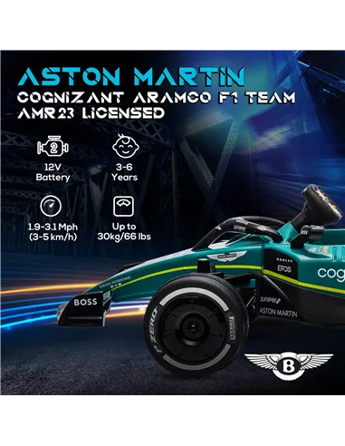AIYAPLAY Aston Martin Licensed 12V Kids Ride on Racing Kart w/ Bluetooth, 4 Suspension Wheels, Music Lights Horn, Green