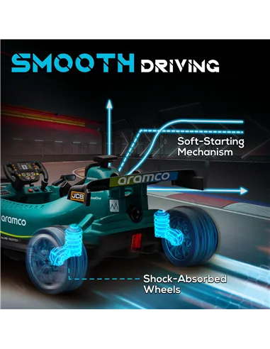 AIYAPLAY Aston Martin Licensed 12V Kids Ride on Racing Kart w/ Bluetooth, 4 Suspension Wheels, Music Lights Horn, Green