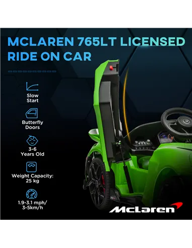AIYAPLAY McLaren 765LT Licensed 12V Kids Electric Ride on Car with Butterfly Doors, Remote Control, Transport Wheels, Green
