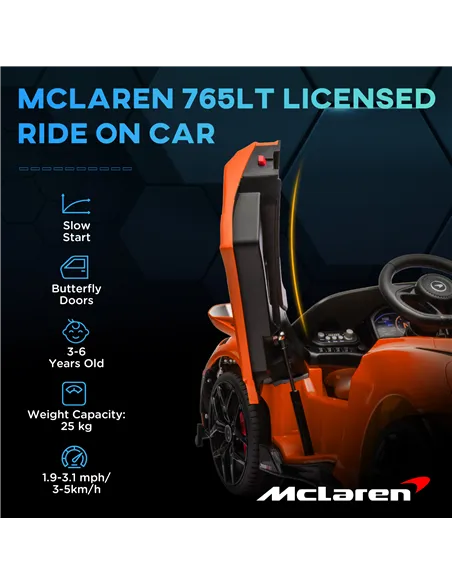 AIYAPLAY McLaren 765LT Licensed 12V Kids Electric Ride on Car with Butterfly Doors, Remote Control, Transport Wheels, Orange