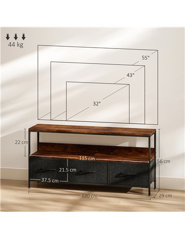 HOMCOM TV Stand Cabinet with 3 Foldable Drawers - Rustic Brown