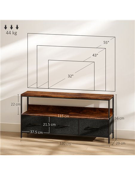 HOMCOM TV Stand Cabinet with 3 Foldable Drawers - Rustic Brown