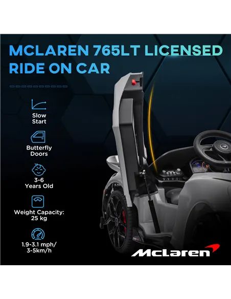 AIYAPLAY McLaren 765LT Licensed 12V Kids Electric Ride on Car with Butterfly Doors, Remote Control, Transport Wheels, Grey