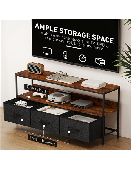 HOMCOM TV Stand Cabinet with 3 Foldable Drawers - Rustic Brown