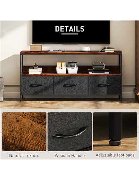 HOMCOM TV Stand Cabinet with 3 Foldable Drawers - Rustic Brown