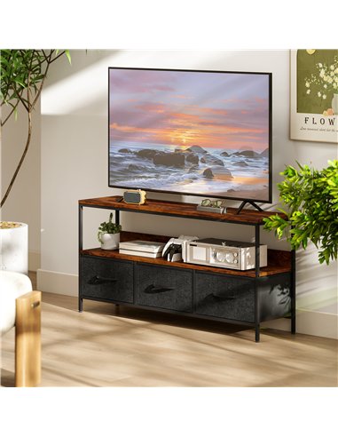 HOMCOM TV Stand Cabinet with 3 Foldable Drawers - Rustic Brown