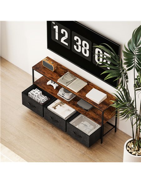 HOMCOM TV Stand Cabinet with 3 Foldable Drawers - Rustic Brown
