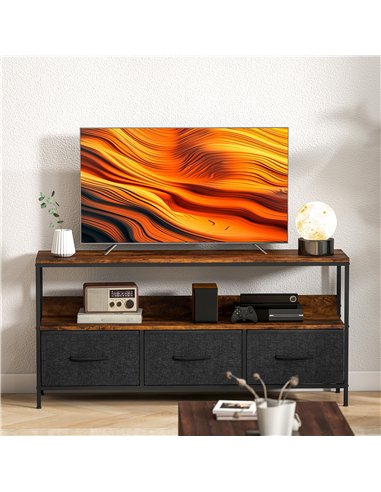 HOMCOM TV Stand Cabinet with 3 Foldable Drawers - Rustic Brown