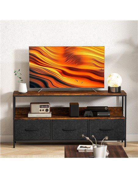 HOMCOM TV Stand Cabinet with 3 Foldable Drawers - Rustic Brown