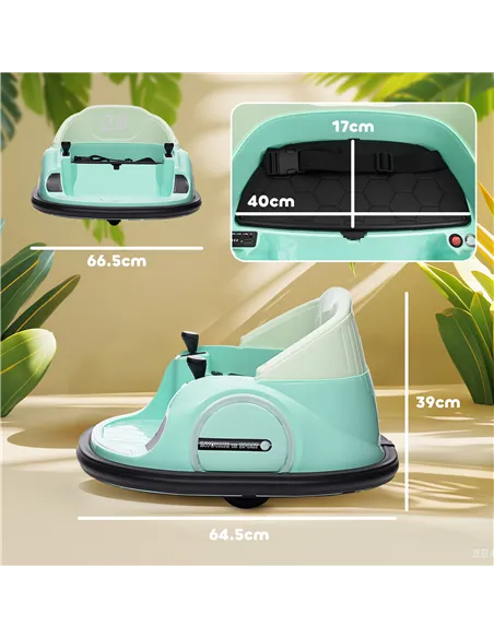 AIYAPLAY 360° Rotation Kids Bumper Car, 12V Waltz Car with Remote Control, Dual Joystick, Music, Lights, Green