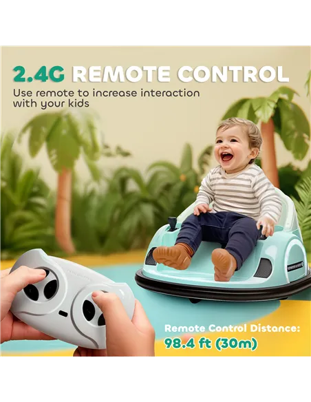 AIYAPLAY 360° Rotation Kids Bumper Car, 12V Waltz Car with Remote Control, Dual Joystick, Music, Lights, Green