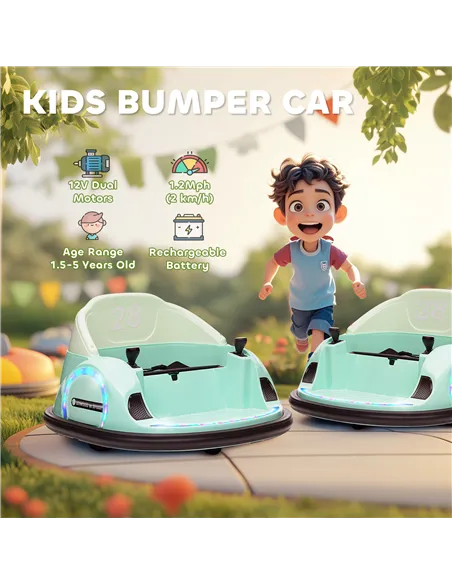 AIYAPLAY 360° Rotation Kids Bumper Car, 12V Waltz Car with Remote Control, Dual Joystick, Music, Lights, Green