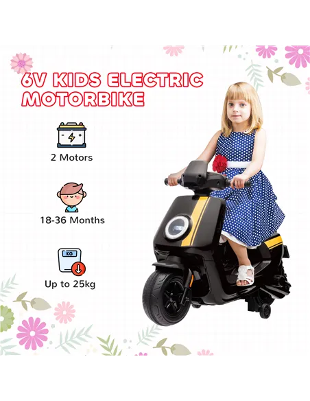 AIYAPLAY 6V Ride on Motorbike, Kids Electric Motorbike w/ Headlights, Music, Training Wheels, for Ages 18-36 Months, Black