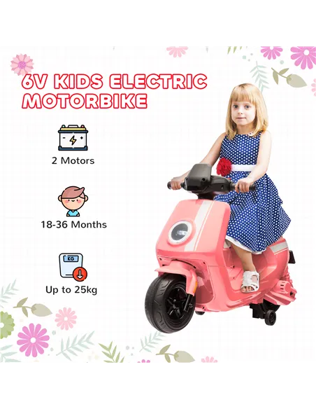 AIYAPLAY 6V Ride on Motorbike, Kids Electric Motorbike w/ Headlights, Music, Training Wheels, for Ages 18-36 Months, Pink