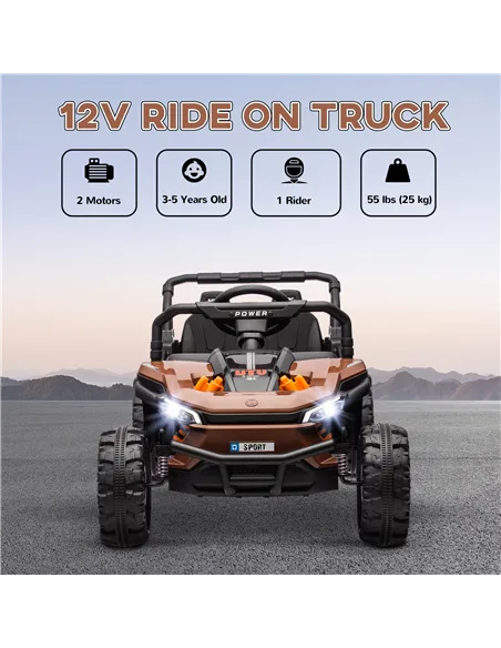 AIYAPLAY 12V Battery Powered Ride on Truck w/ Remote, Four Suspension Wheels, Horn, Lights, Music, USB, for Ages 3-5 Years, Brow