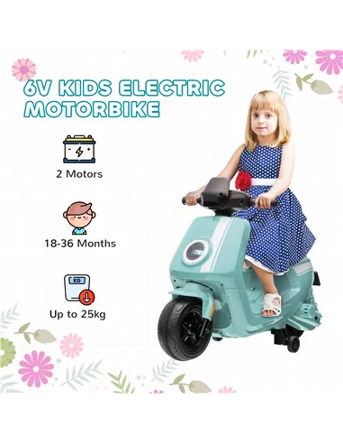 AIYAPLAY 6V Ride on Motorbike, Kids Electric Motorbike w/ Headlights, Music, Training Wheels, for Ages 18-36 Months, Green