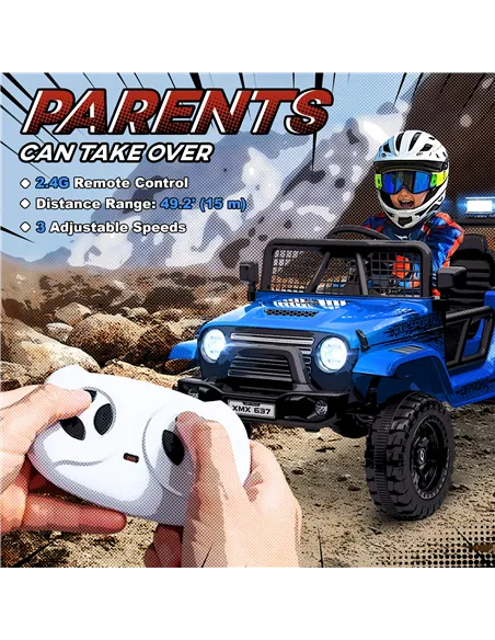 AIYAPLAY 12V Battery Powered Kids Ride-On Car, Electric Truck w/ Spring Suspension, Remote, Music, Horn, Lights, Blue