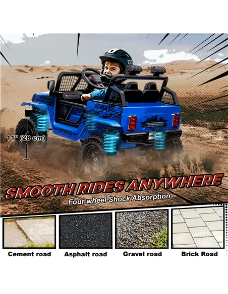AIYAPLAY 12V Battery Powered Kids Ride-On Car, Electric Truck w/ Spring Suspension, Remote, Music, Horn, Lights, Blue