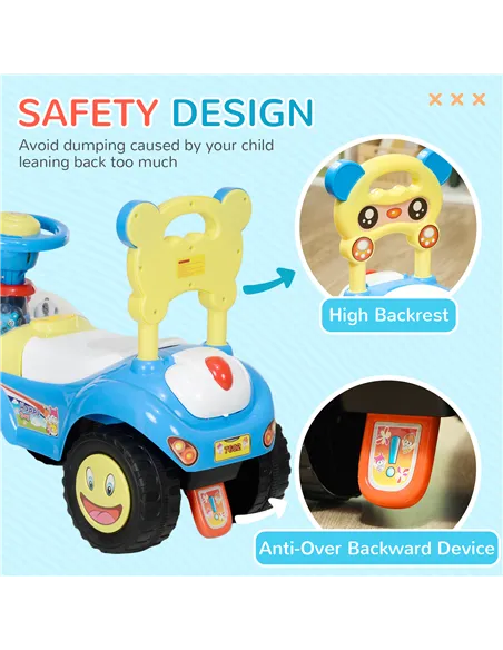 AIYAPLAY Foot to Floor oddler Ride on Toy w/ Music, Light, Horn, Under Seat Storage, Anti-Over-Backwards Device, Blue